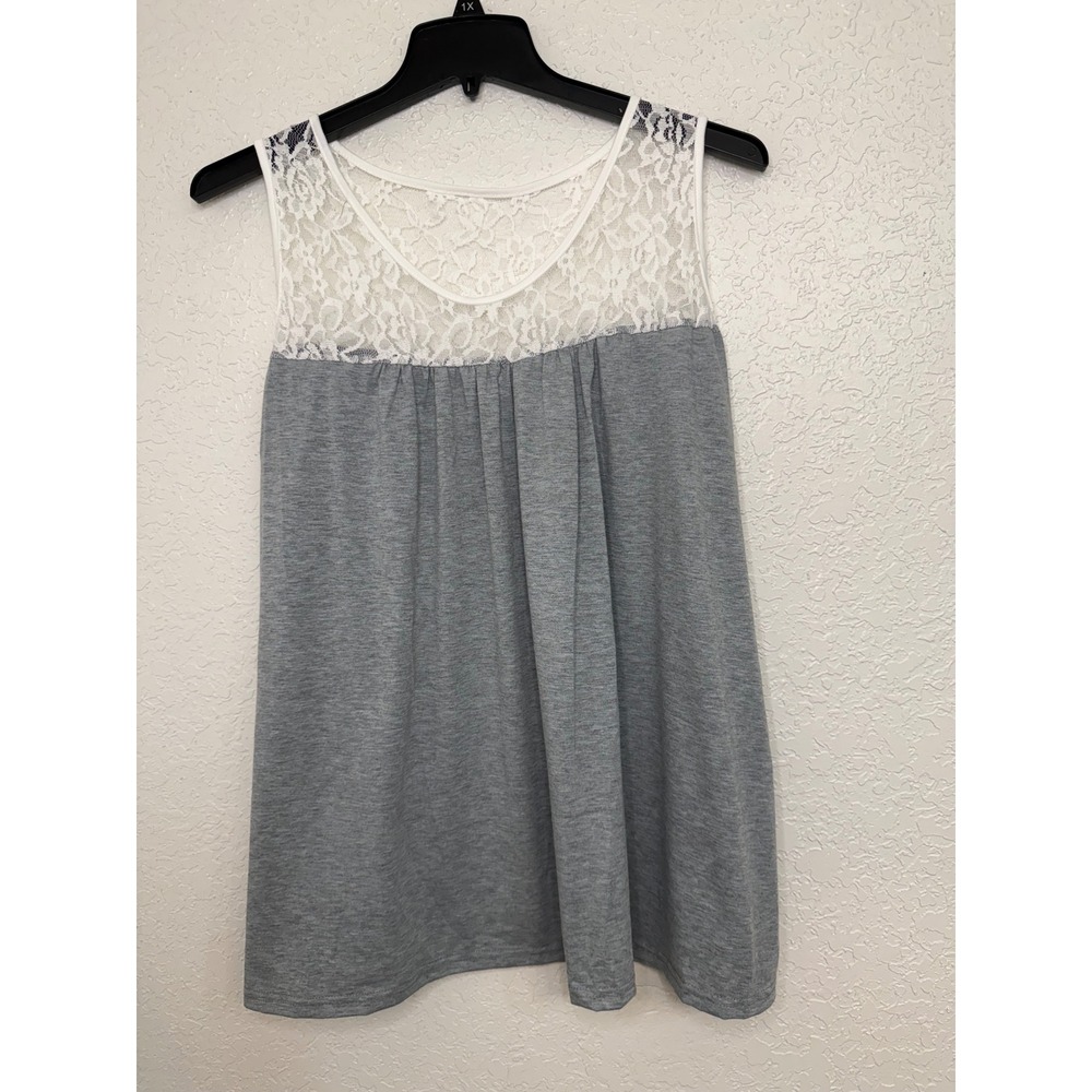 Gray Lace Yoke Babydoll Tank Top Sleeveless Scoop Neck Plus Size 5XL